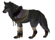 A dark grey wolf wearing a muddy colored shawl.